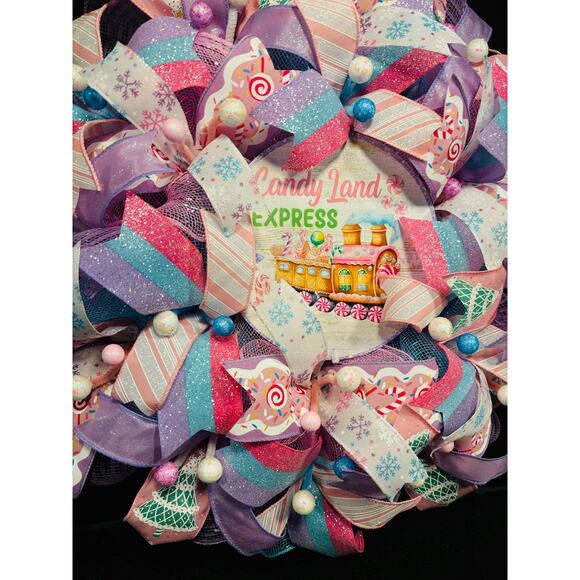 Christmas Candy Wreath, Pastel Pink Blue Purple Door Decor Handmade 22 In - Picture 6 of 6